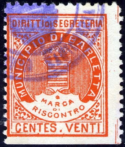 Marca da Bollo del Comune di BARLETTA su Carta Bianca di dimensioni 22,5 x 28 mm