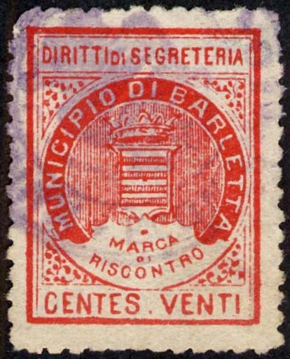 Marca da Bollo del Comune di BARLETTA su Carta Bianca di dimensioni 22 x 28 mm