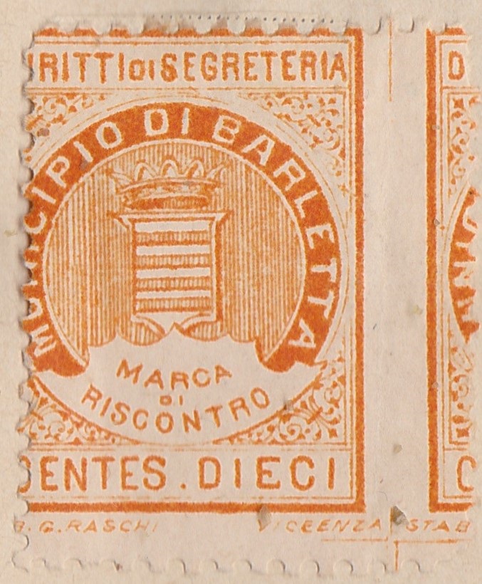 Marca da Bollo del Comune di BARLETTA su di dimensioni 22.5 x 29,5 mm