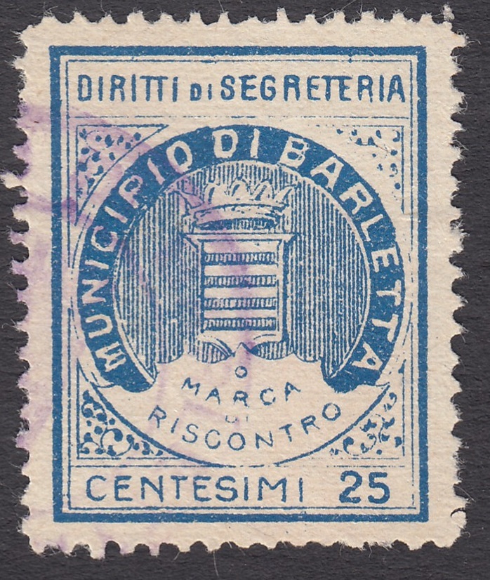Marca da Bollo del Comune di BARLETTA su Carta Bianca di dimensioni 22,5 x 28 mm