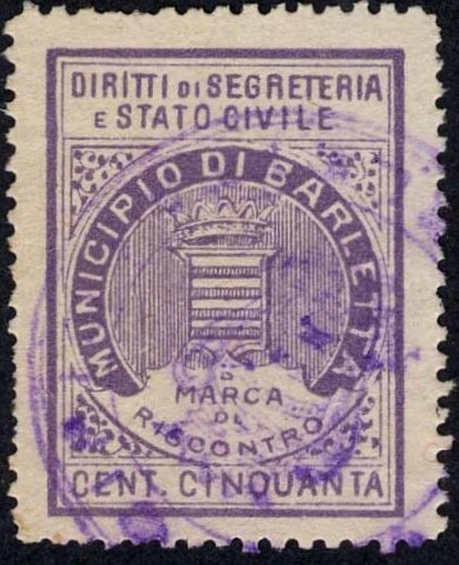 Marca da Bollo del Comune di BARLETTA su Carta Bianca Sottile di dimensioni 22 x 30 mm