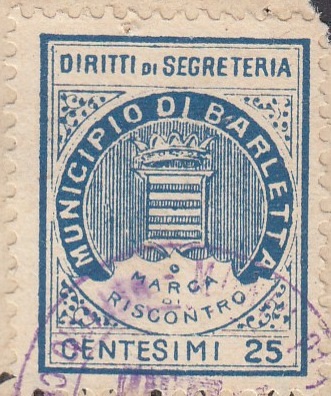 Marca da Bollo del Comune di BARLETTA su Carta Bianca di dimensioni 22,5 x 28,5 mm