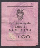 Marca da Bollo del Comune di BARLETTA su Carta Bianca di dimensioni 24 x 28,5 mm