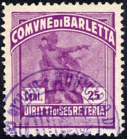 Marca da Bollo del Comune di BARLETTA su Carta Bianca Sottile di dimensioni 24 x 27,5 mm