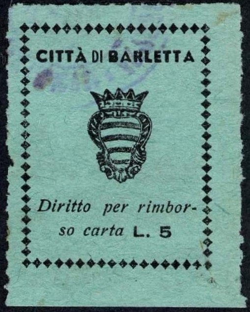 Marca da Bollo del Comune di BARLETTA su Carta Colorata di dimensioni 26 x 34 mm