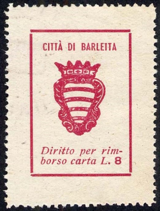 Marca da Bollo del Comune di BARLETTA su Carta Bianca Sottile di dimensioni 21,5 x 33,5 mm