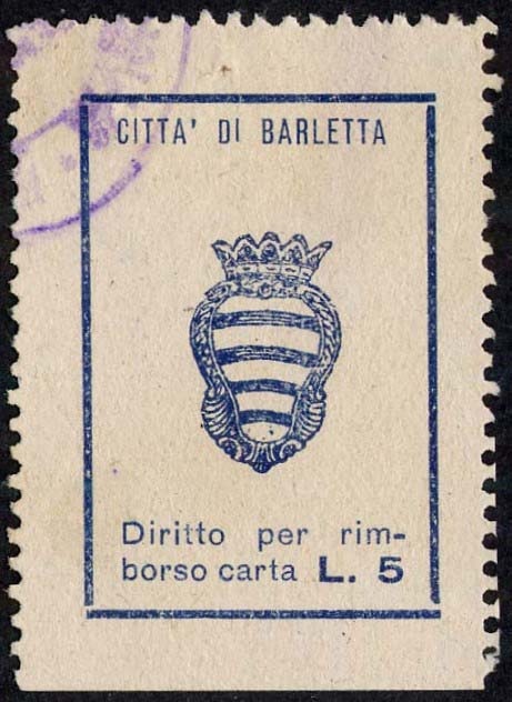 Marca da Bollo del Comune di BARLETTA su Carta Bianca di dimensioni 20 x 29 mm