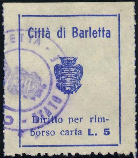 Marca da Bollo del Comune di BARLETTA su Carta Bianca di dimensioni 23 x 31 mm
