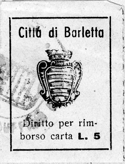 Marca da Bollo del Comune di BARLETTA su Carta Bianca di dimensioni 23 x 34 mm