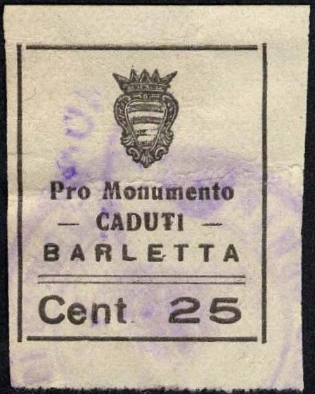 Marca da Bollo del Comune di BARLETTA su Carta Bianca Sottile di dimensioni 18,5 x 28,5 mm