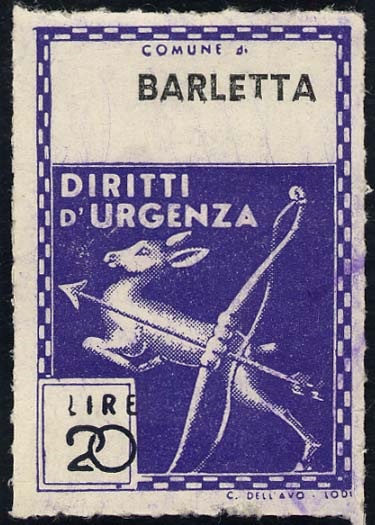 Marca da Bollo del Comune di BARLETTA su Carta Bianca di dimensioni 22 X 33 mm