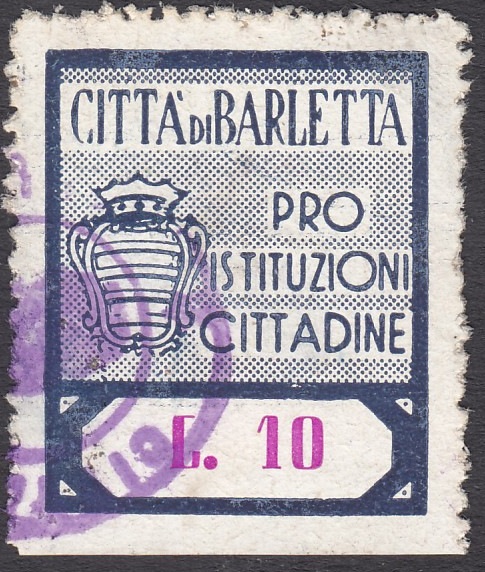 Marca da Bollo del Comune di BARLETTA su Carta Bianca di dimensioni 24,5 x 29 mm