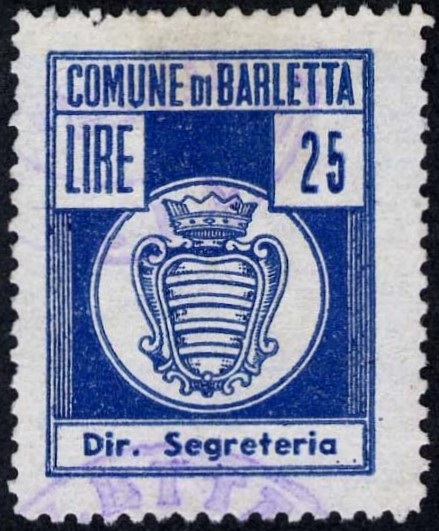 Marca da Bollo del Comune di BARLETTA su Carta Bianca di dimensioni 22 x 29 mm