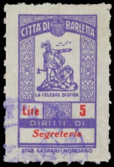 Marca da Bollo del Comune di BARLETTA su di dimensioni 16,5 x 29,5 mm