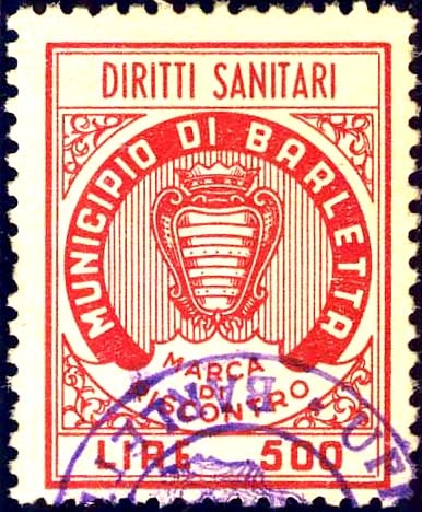 Marca da Bollo del Comune di BARLETTA su Carta Bianca Sottile di dimensioni 22 x 29 mm