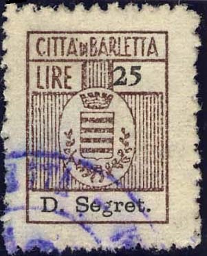 Marca da Bollo del Comune di BARLETTA su Carta Bianca di dimensioni 14,5 x 19,5 mm