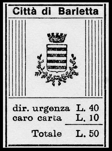 Marca da Bollo del Comune di BARLETTA su Carta Bianca di dimensioni 23,5 x 33,5 mm