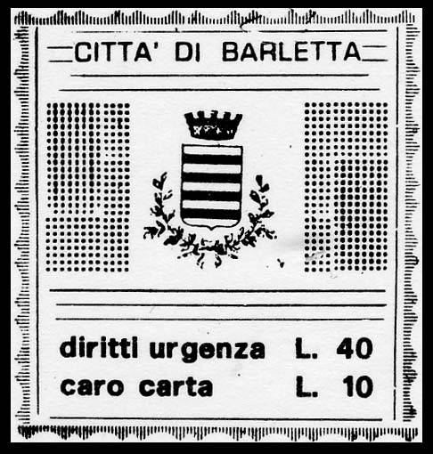 Marca da Bollo del Comune di BARLETTA su Carta Bianca di dimensioni mm