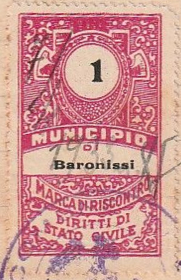 Marca da Bollo del Comune di BARONISSI su Carta Bianca di dimensioni 22,5 X 36 mm