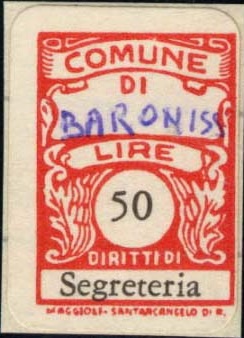 Marca da Bollo del Comune di BARONISSI su Carta Bianca di dimensioni 18,5 x 27,5 mm