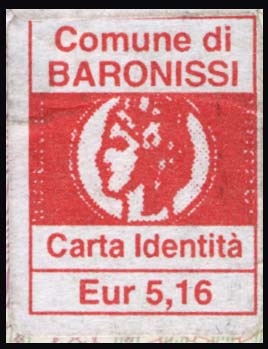 Marca da Bollo del Comune di BARONISSI su Carta Bianca di dimensioni 16 x 21 mm