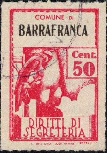 Marca da Bollo del Comune di BARRAFRANCA su Carta Bianca Sottile di dimensioni 21 X 32 mm
