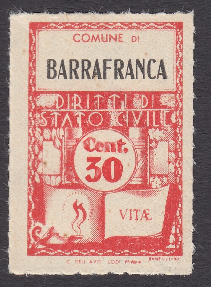 Marca da Bollo del Comune di BARRAFRANCA su di dimensioni 21 x 31,5 mm