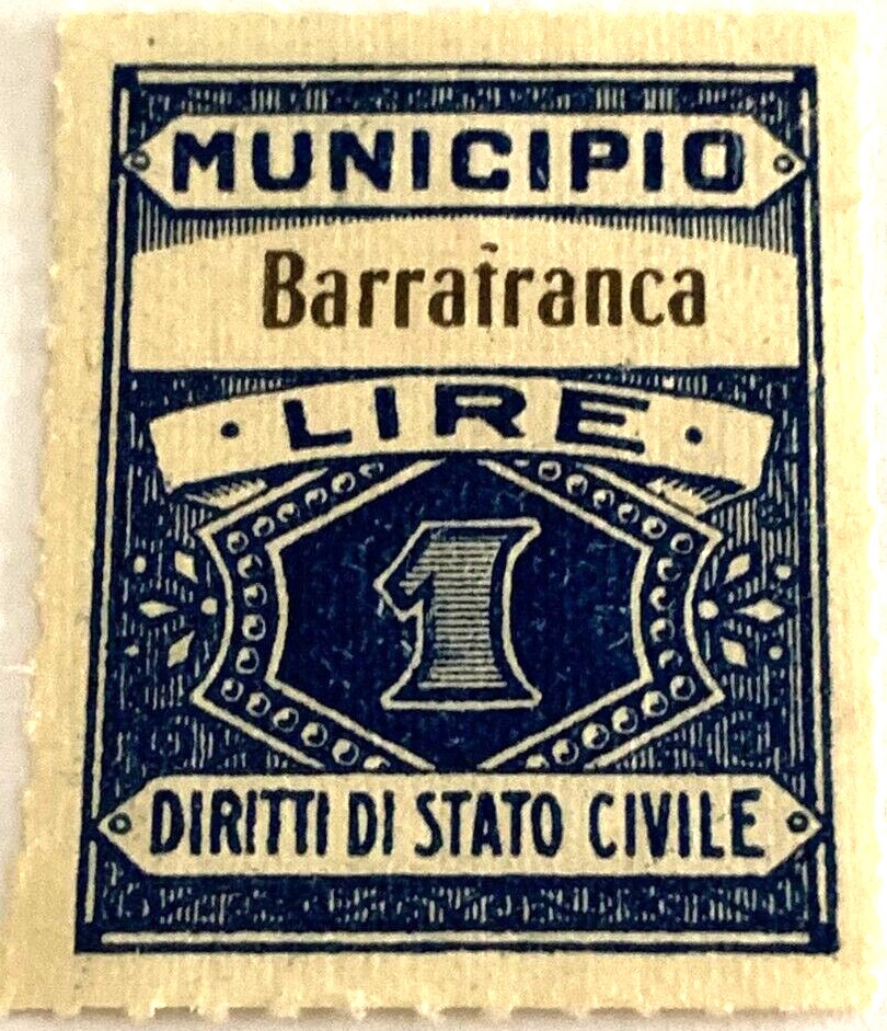 Marca da Bollo del Comune di BARRAFRANCA su Carta Bianca di dimensioni 21 x 29 mm