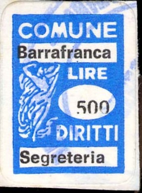 Marca da Bollo del Comune di BARRAFRANCA su Carta Bianca di dimensioni 14 x 20,5 mm