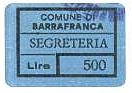 Marca da Bollo del Comune di BARRAFRANCA su Carta Bianca di dimensioni 24,5 X 17 mm