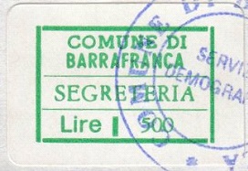 Marca da Bollo del Comune di BARRAFRANCA su Carta Bianca di dimensioni 23,5 x 15 mm
