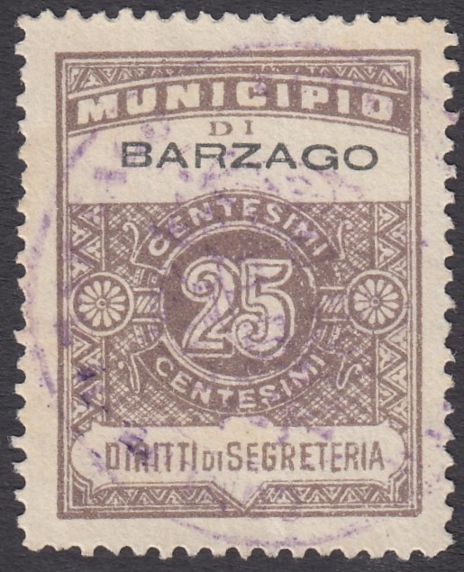 Marca da Bollo del Comune di BARZAGO su Carta Bianca di dimensioni 24 x 30,5 mm