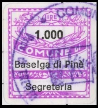 Marca da Bollo del Comune di BASELGA DI PINE´ su Carta Bianca di dimensioni 15 x 16,5 mm