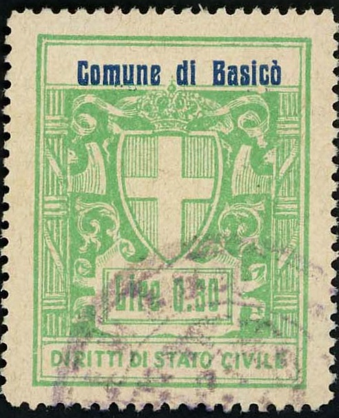 Marca da Bollo del Comune di BASICO´ su Carta Bianca di dimensioni 27 X 36 mm