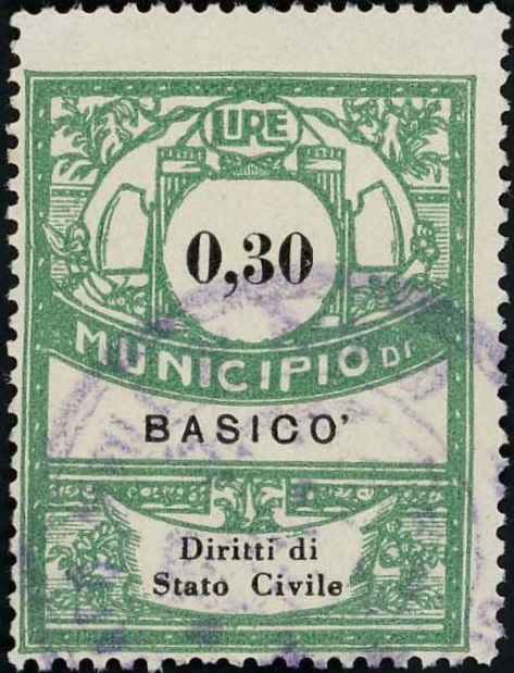Marca da Bollo del Comune di BASICO´ su Carta Bianca di dimensioni 22 x 29 mm