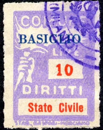 Marca da Bollo del Comune di BASIGLIO su Carta Bianca di dimensioni 18,5 x 26 mm