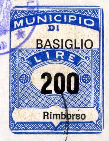 Marca da Bollo del Comune di BASIGLIO su Carta Bianca di dimensioni 22 x 29 mm