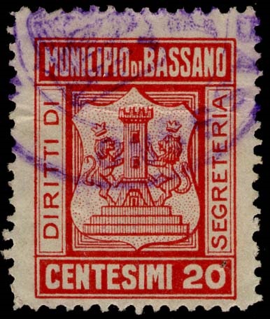 Marca da Bollo del Comune di BASSANO DEL GRAPPA su Carta Bianca di dimensioni 20 x 26,5 mm