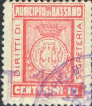 Marca da Bollo del Comune di BASSANO DEL GRAPPA su Carta Bianca di dimensioni 20 x 26,5 mm