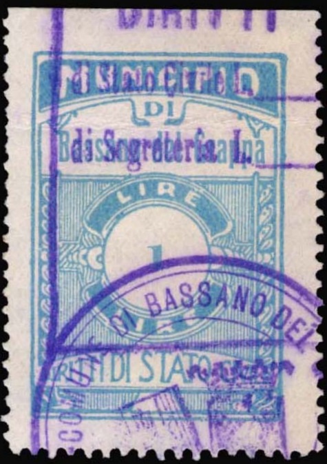 Marca da Bollo del Comune di BASSANO DEL GRAPPA su Carta Bianca Sottile di dimensioni 24 X 35,5 mm