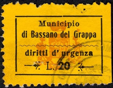 Marca da Bollo del Comune di BASSANO DEL GRAPPA su Carta Colorata di dimensioni 24 X 17 mm