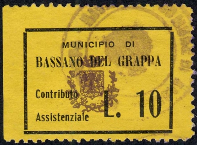 Marca da Bollo del Comune di BASSANO DEL GRAPPA su Carta Colorata di dimensioni 24,5 X 17 mm