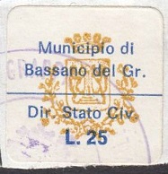 Marca da Bollo del Comune di BASSANO DEL GRAPPA su Carta Bianca di dimensioni 21 X 13 mm