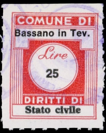 Marca da Bollo del Comune di BASSANO IN TEVERINA su Carta Bianca di dimensioni 20 X 25 mm