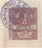 Marca da Bollo del Comune di BASSIANO su Carta Bianca Sottile di dimensioni 24,5 X 28 mm