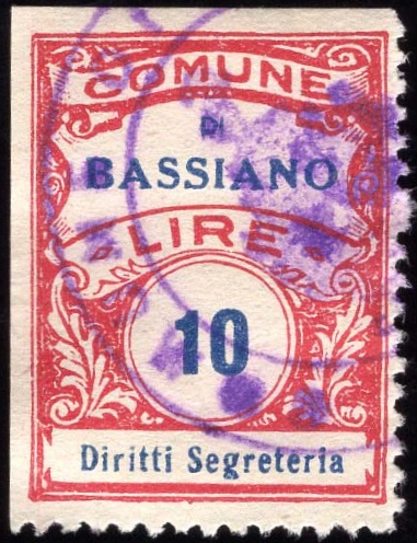 Marca da Bollo del Comune di BASSIANO su Carta Bianca Sottile di dimensioni 22 X 29 mm