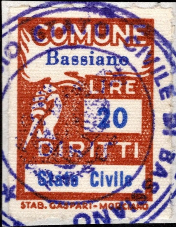 Marca da Bollo del Comune di BASSIANO su Carta Bianca Sottile di dimensioni 18 x 24 mm