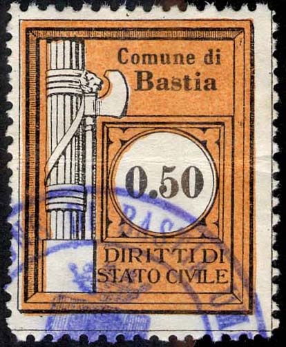 Marca da Bollo del Comune di BASTIA UMBRA su Carta Bianca di dimensioni 24 x 30 mm