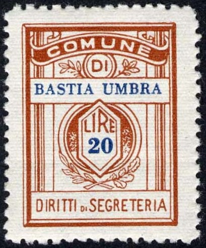 Marca da Bollo del Comune di BASTIA UMBRA su Carta Bianca di dimensioni 21 X 27,5 mm