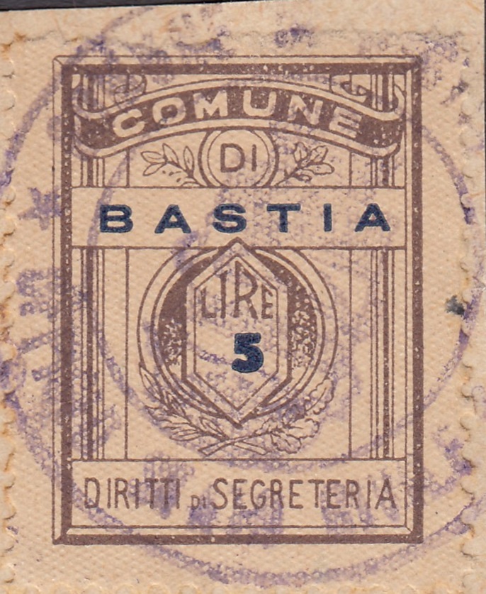 Marca da Bollo del Comune di BASTIA UMBRA su Carta Bianca di dimensioni 21 X 27,5 mm